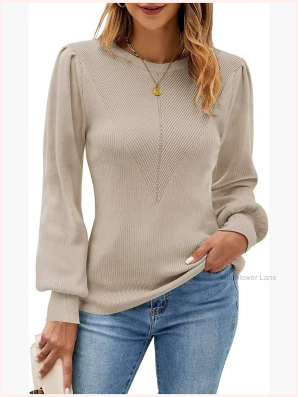 Ribbed Knit Crew Neck Pullover Sweater Long Sleeve